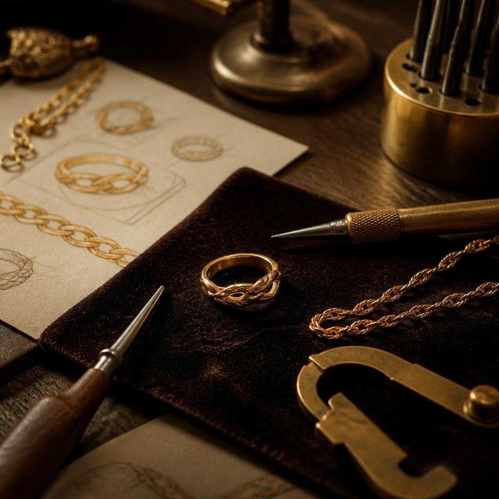 Banco de trabajo de joyero con bocetos y herramientas para diseño a medida en oro 18K